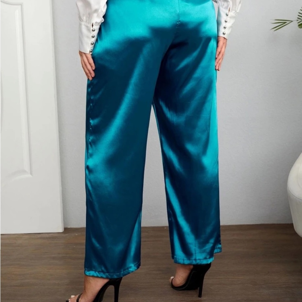 SHEIN Teal Satin Wide-Leg Trousers - Picture 2 of 4